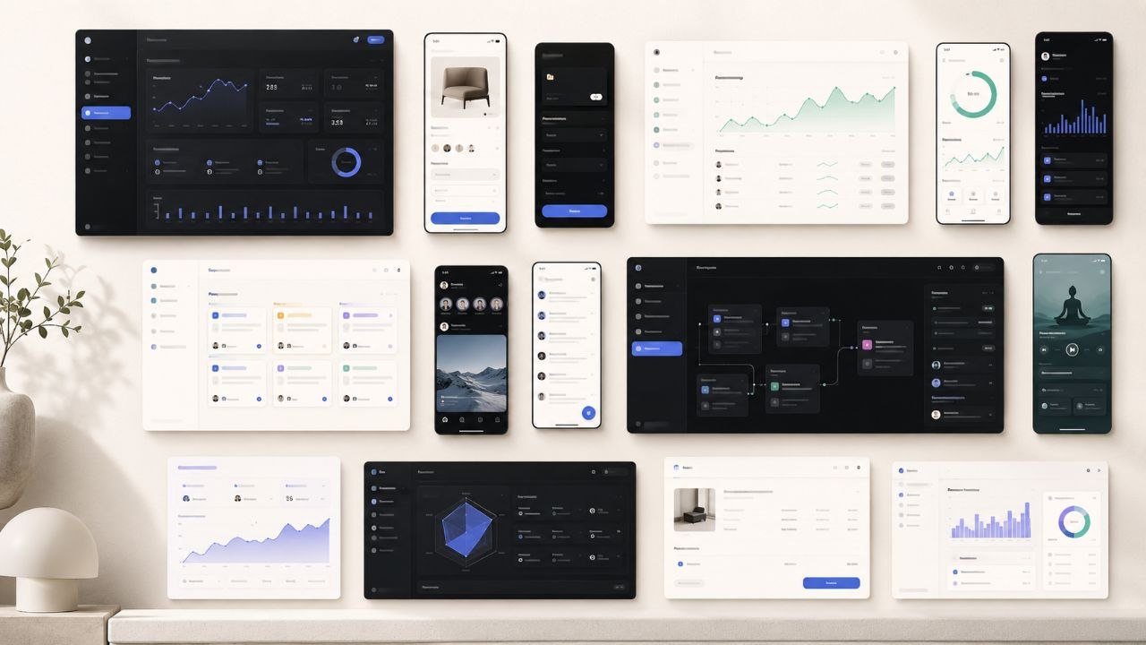 Editorial collage of polished AI app design examples across SaaS, ecommerce, productivity, health, finance, and social product interfaces, arranged like a curated product UI library.