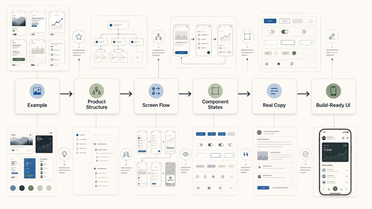 Framework diagram showing how AI app design examples move from visual style to app structure, component states, product copy, and implementation-ready UI details.