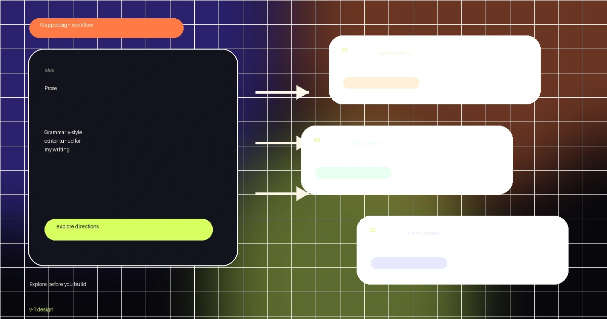 Editorial diagram showing a product idea turning into multiple AI app design directions before one direction is selected and built.