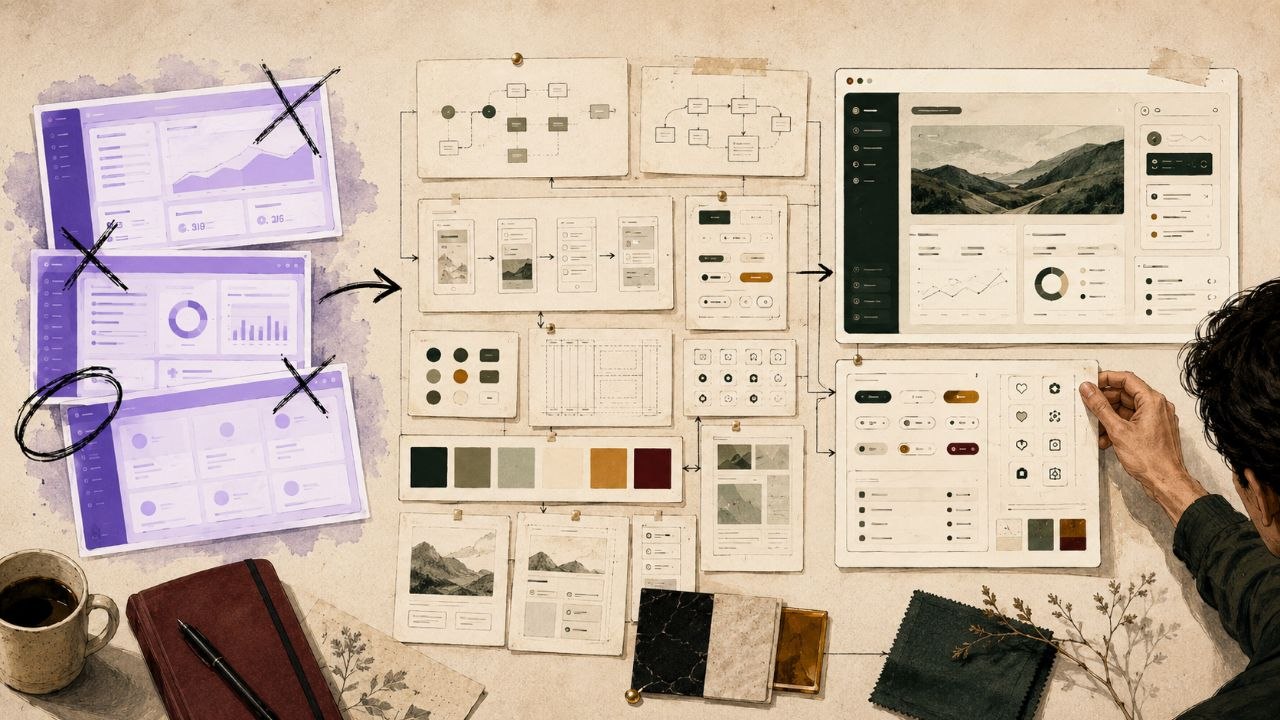 Editorial illustration showing generic AI app screens crossed out beside prompt cards, route maps, component states, and a polished Lovable-ready product interface.