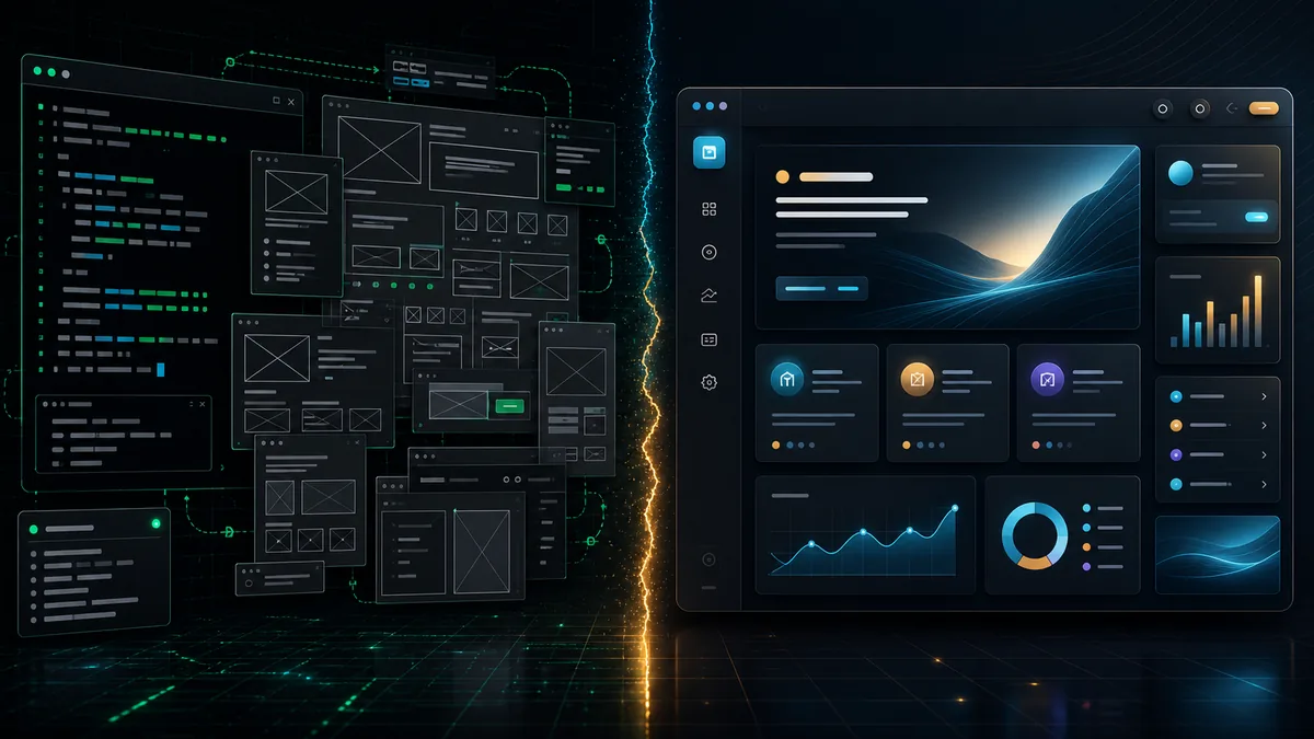 Split-screen hero showing a messy terminal coding-agent wireframe beside a polished product design dashboard.