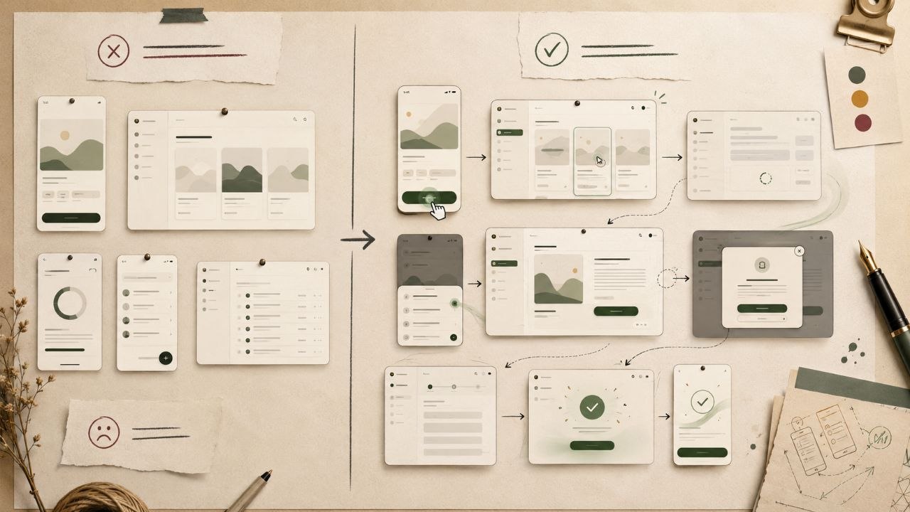 Editorial illustration comparing flat static app screenshots with a connected interactive product flow using micro-interactions, loading states, transitions, and success feedback.