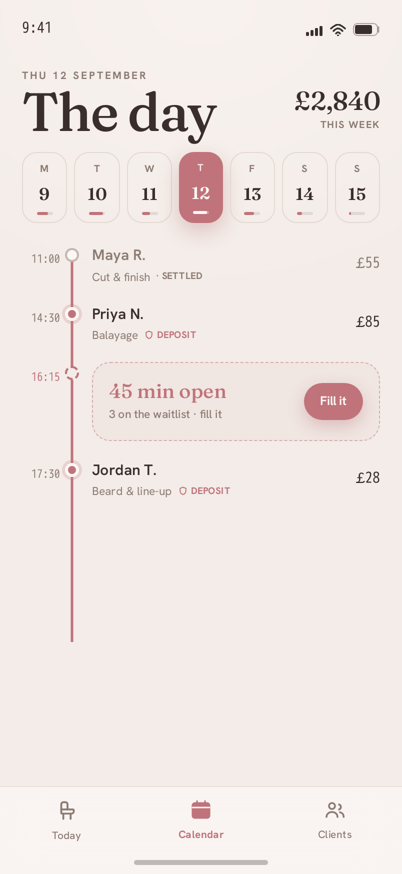 Calendar screen