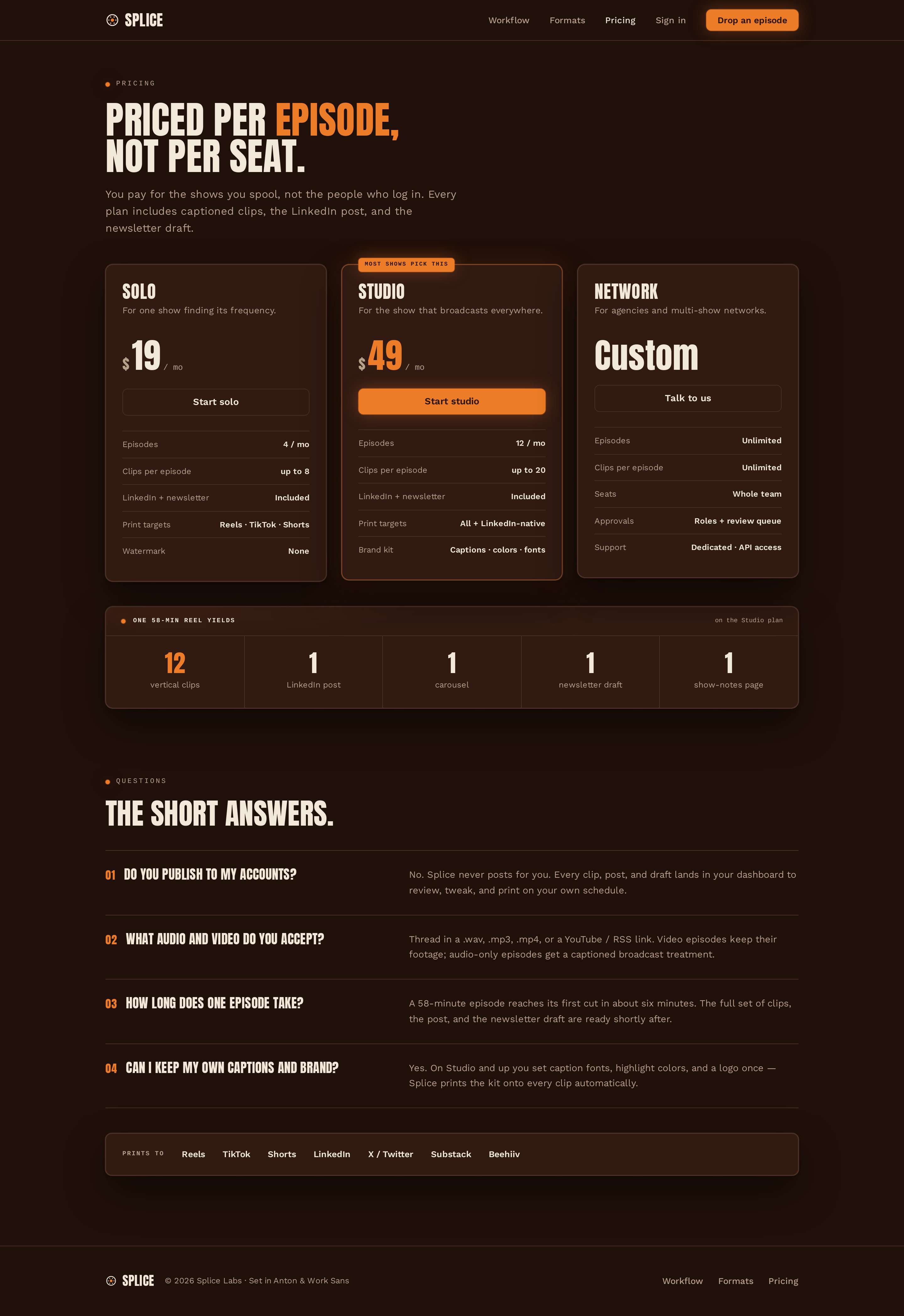 Pricing screen