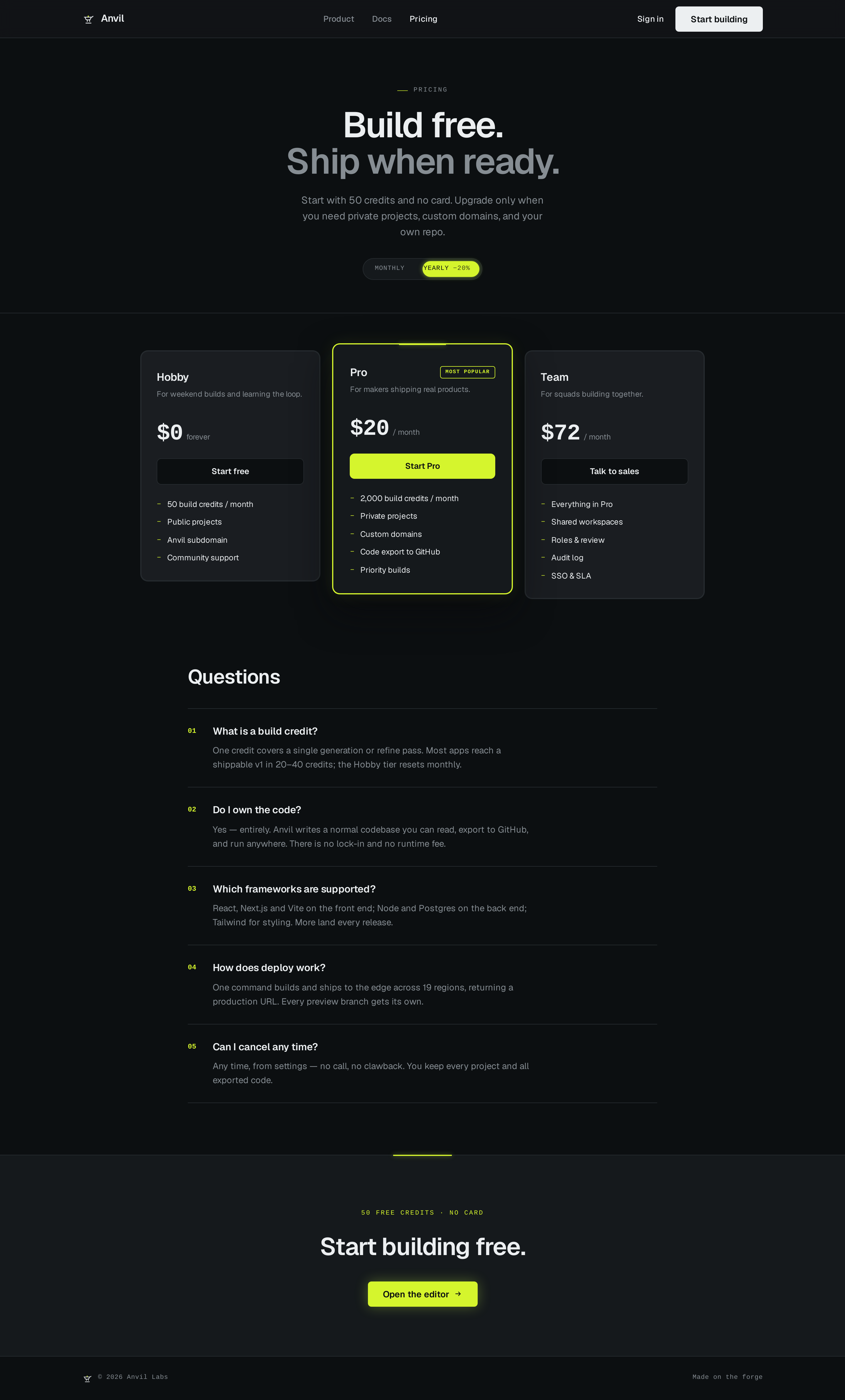 Pricing screen