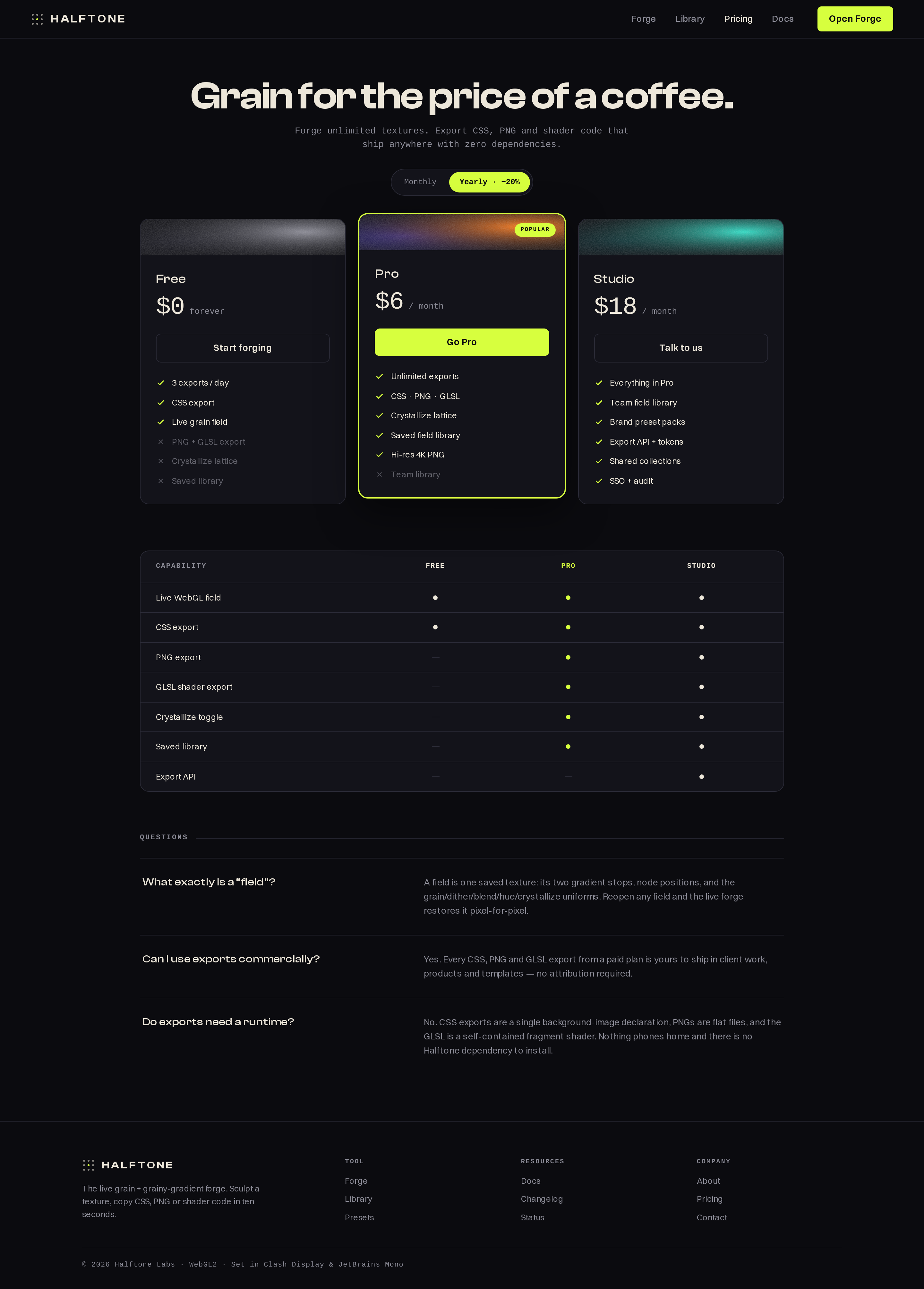 Pricing screen