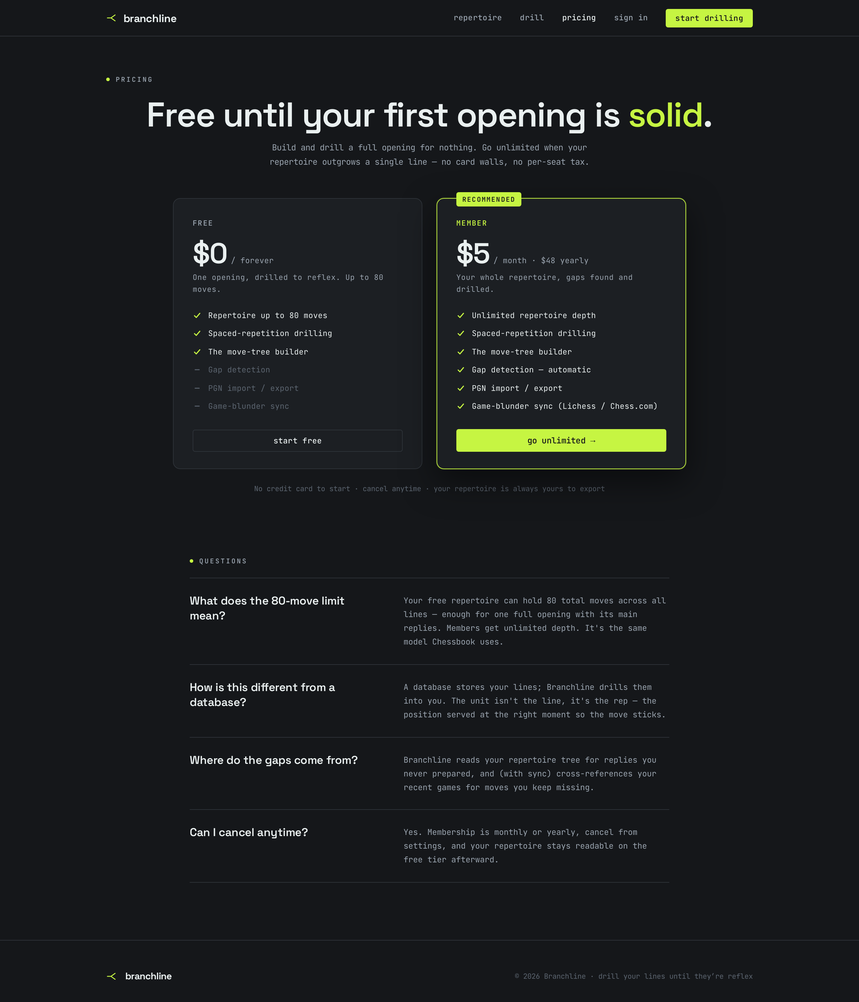 Pricing screen