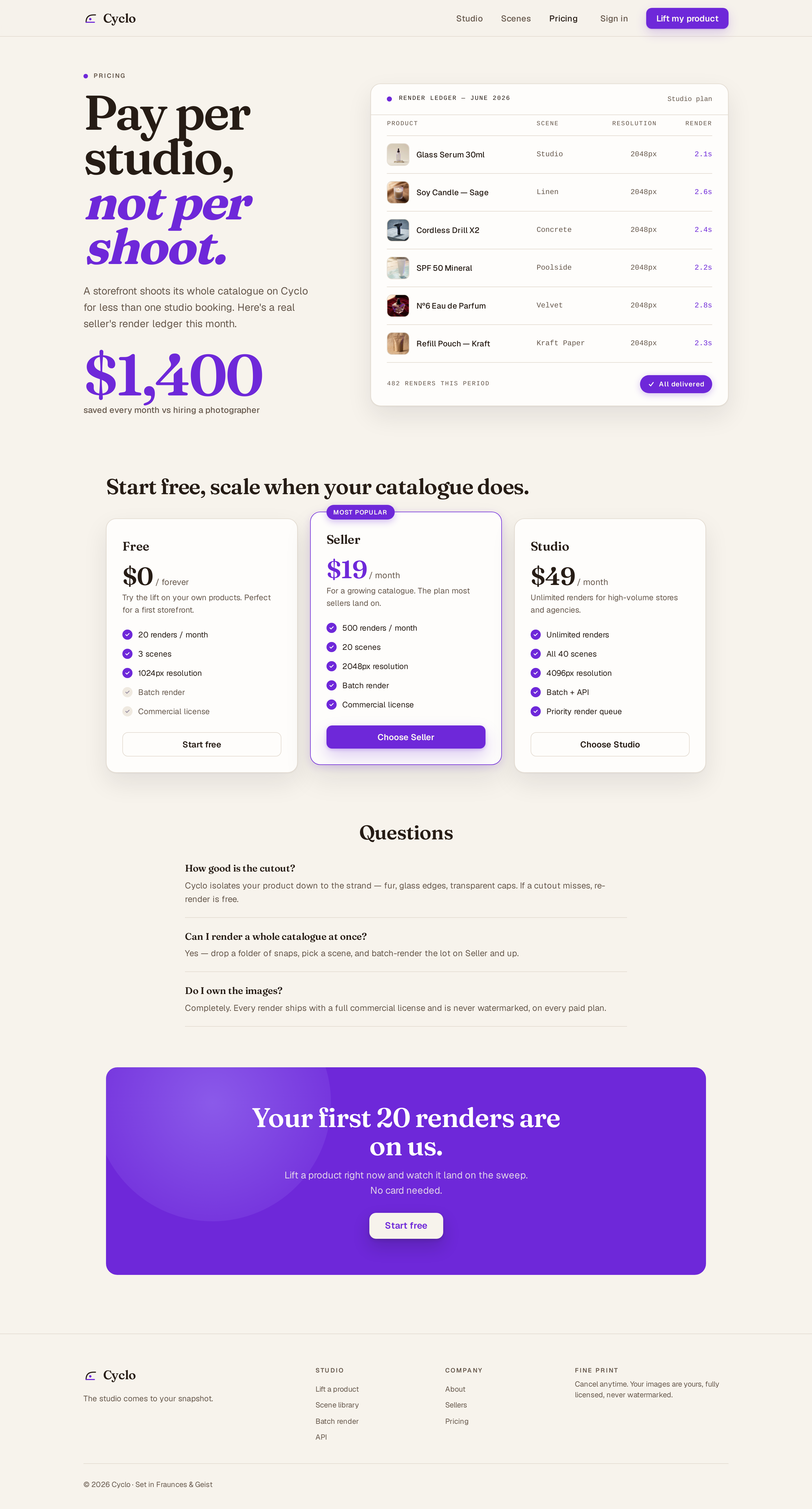 Pricing screen