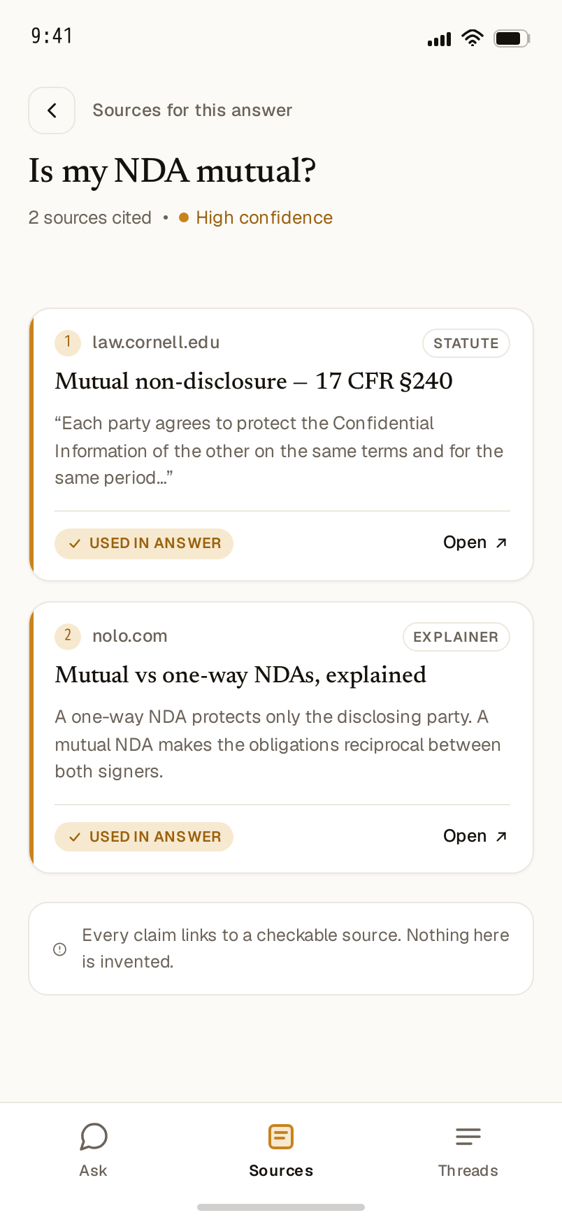 Sources screen