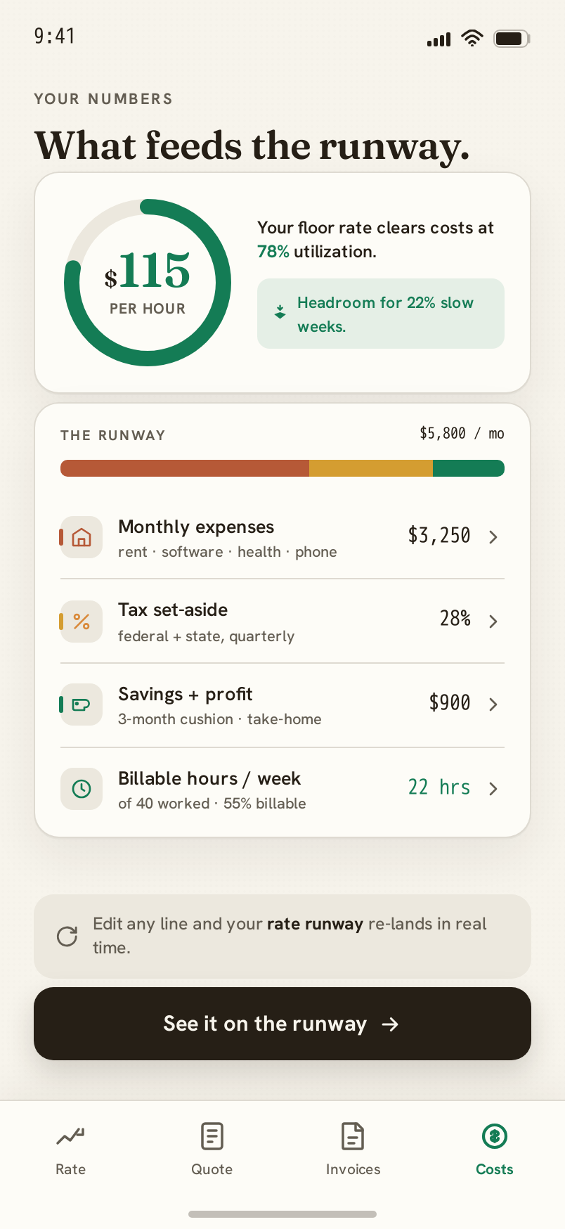 Costs screen