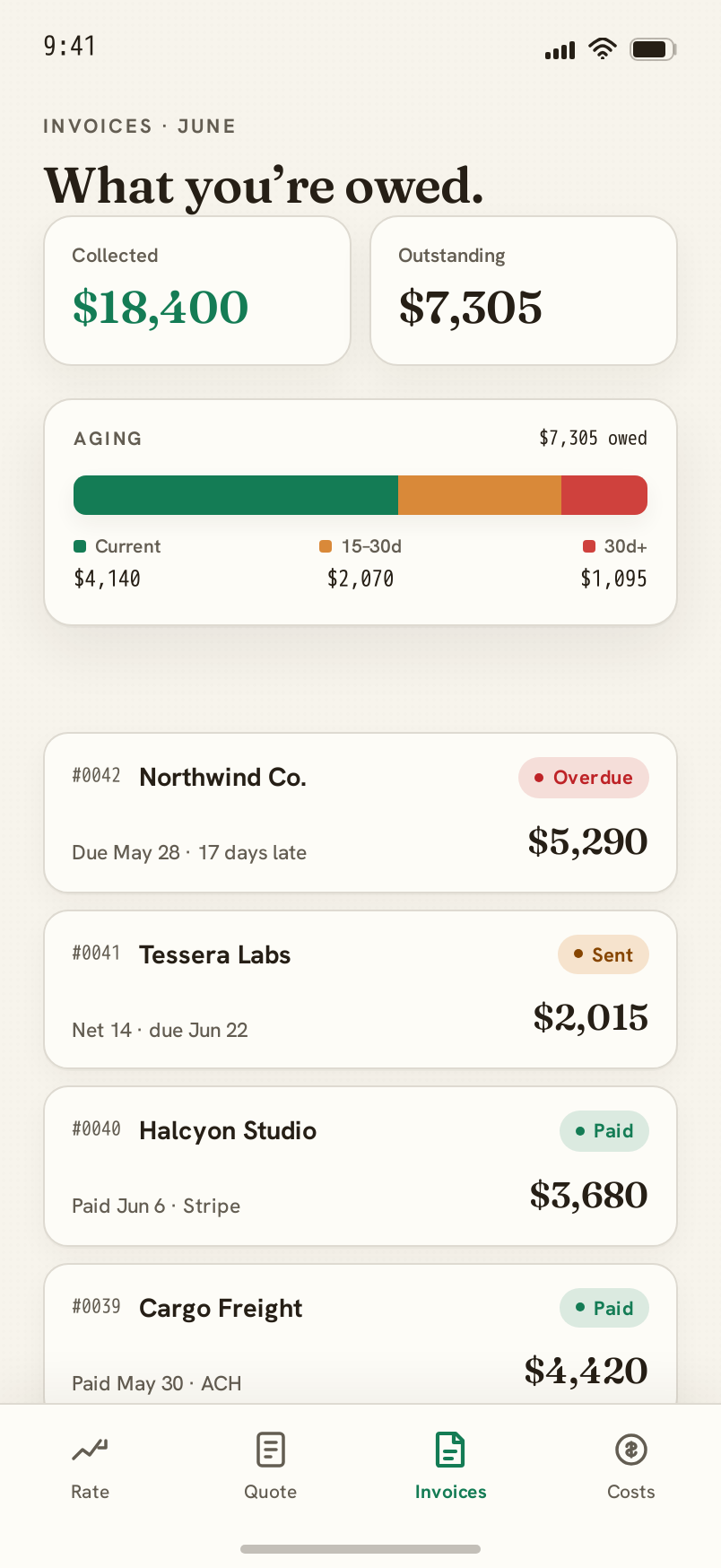 Invoices screen