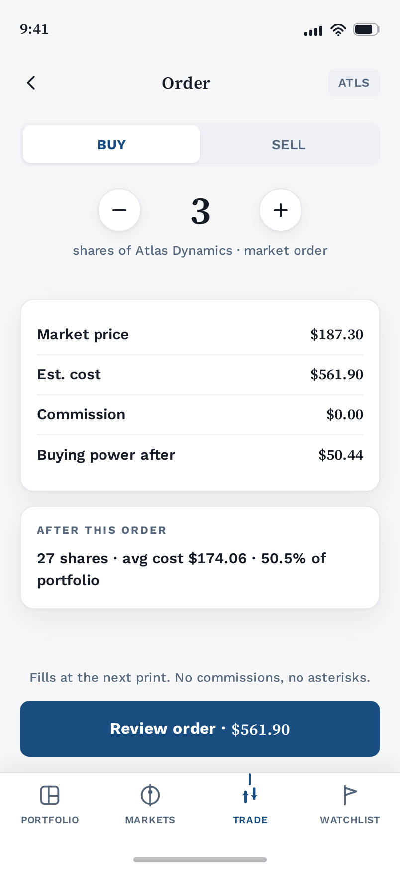 Order screen