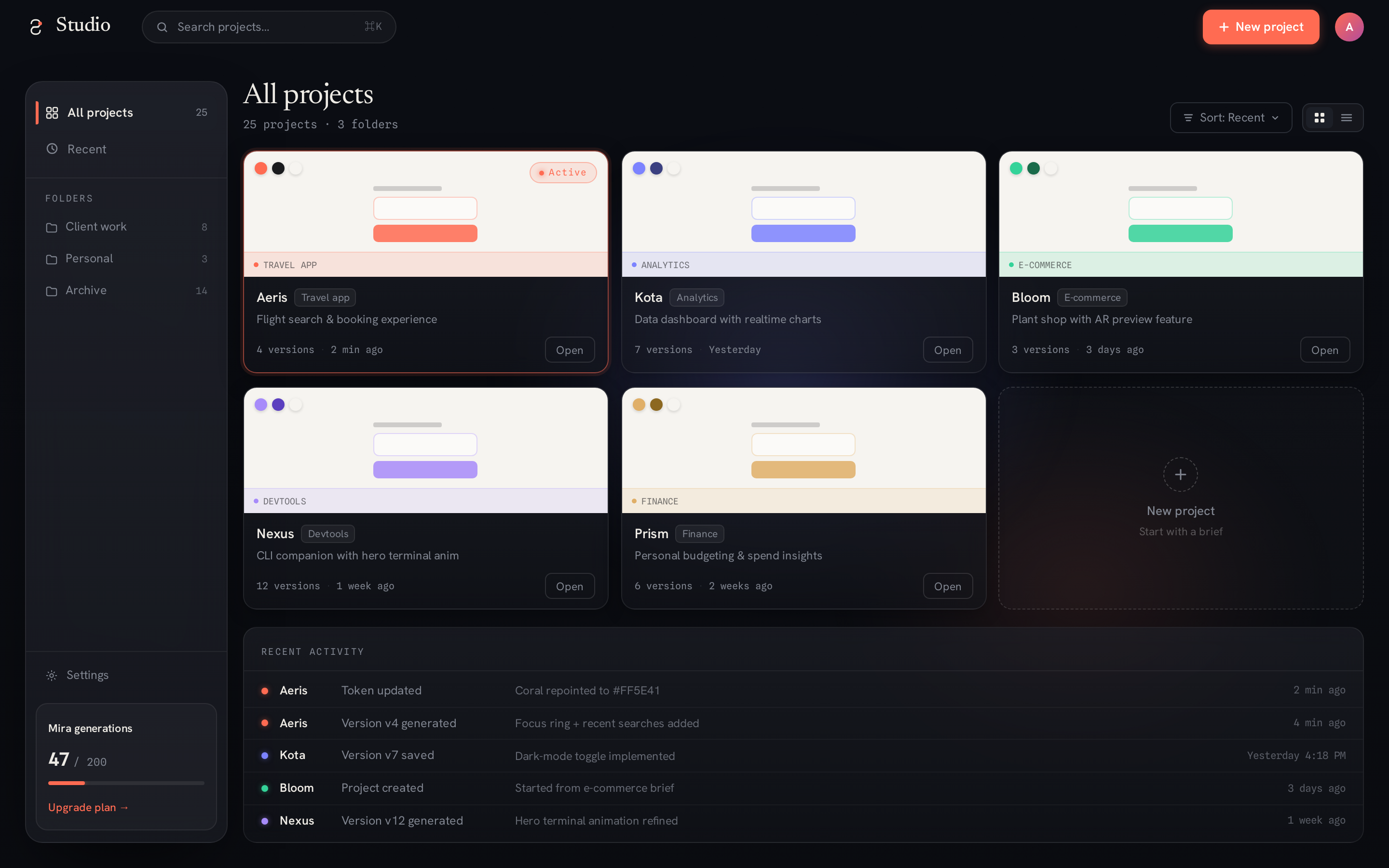 Projects screen
