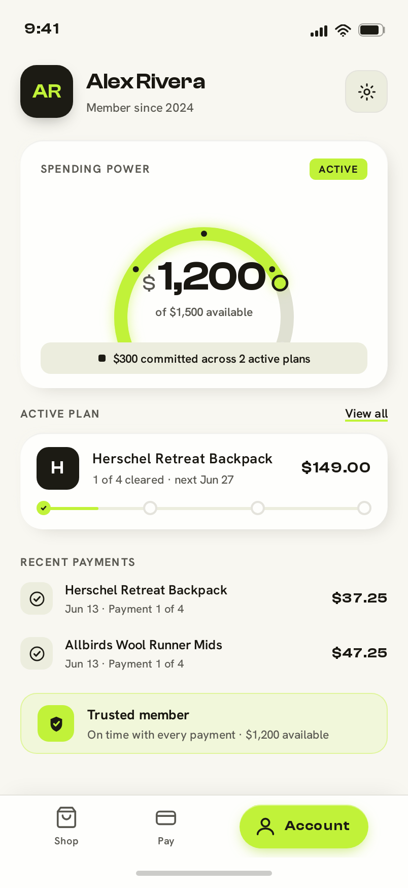 Account screen