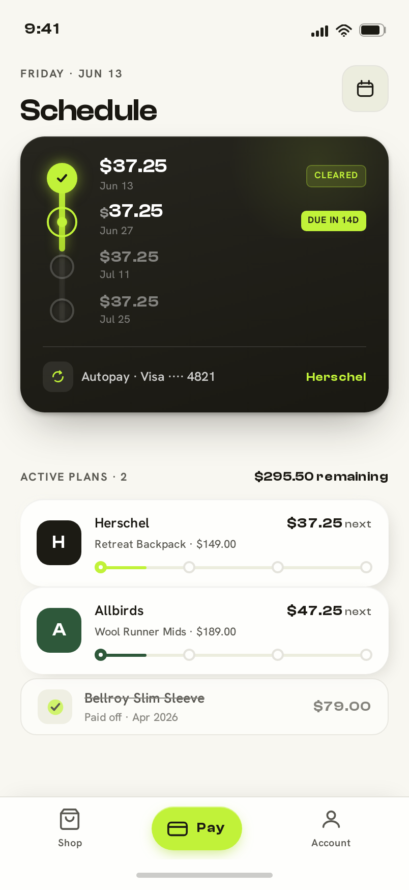Schedule screen