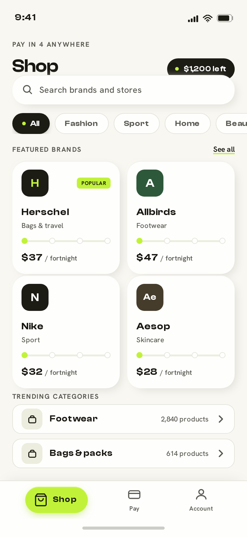 Shop screen