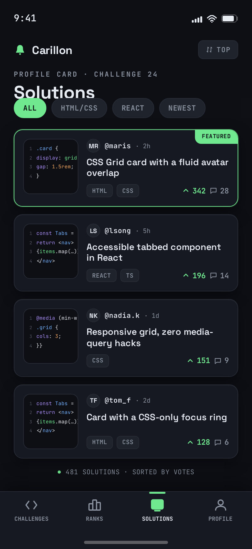 Solutions screen