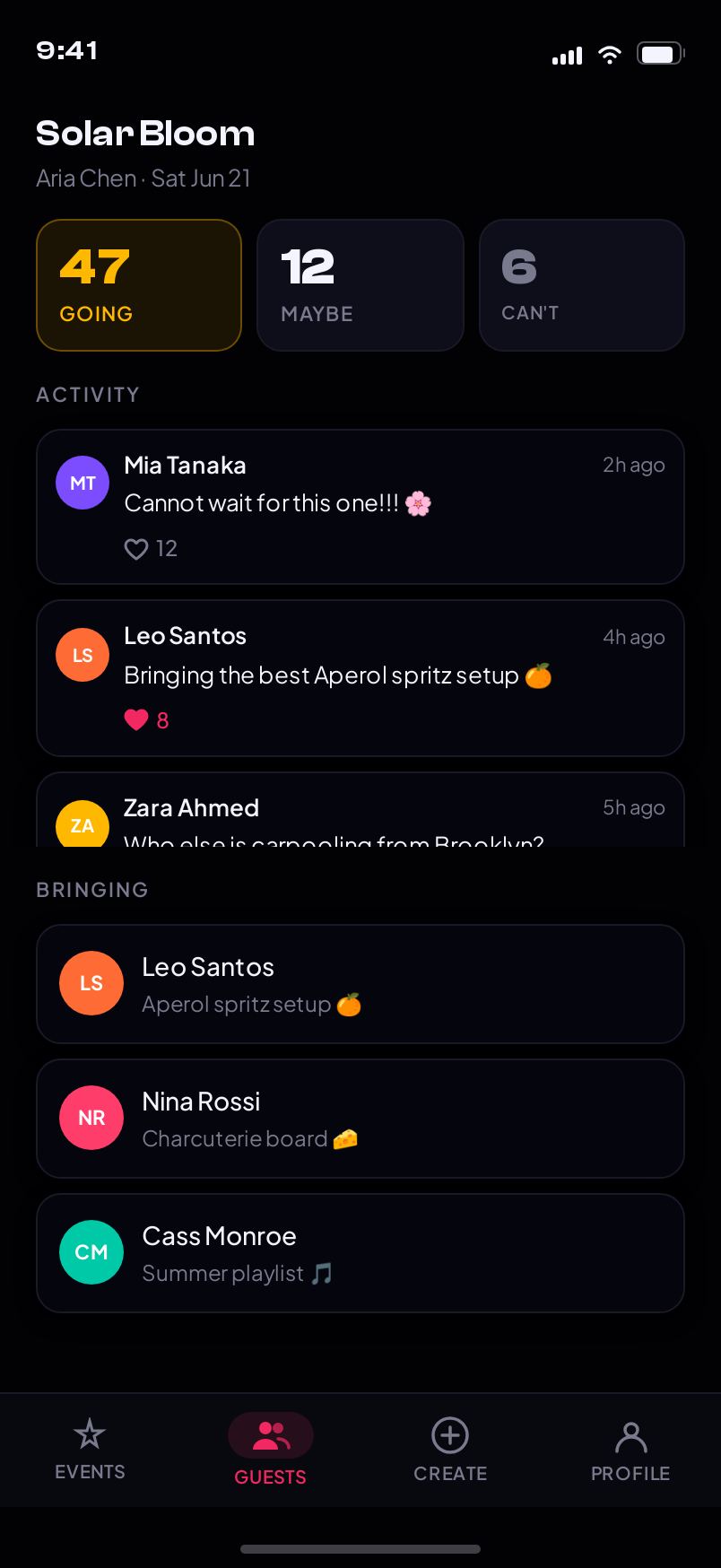 Guests screen