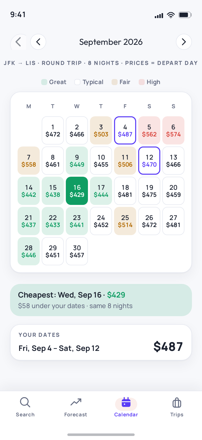 Calendar screen