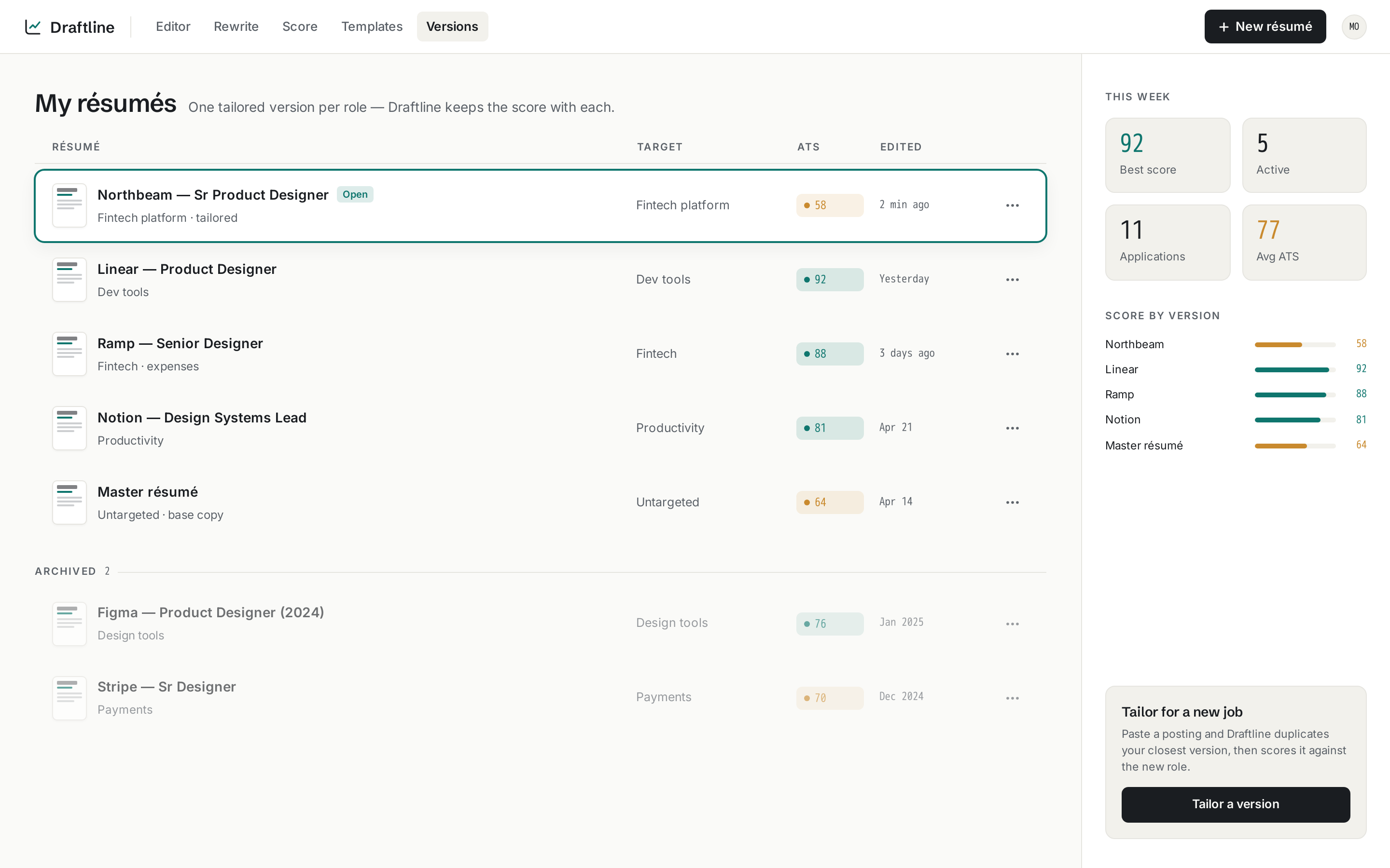 Versions screen