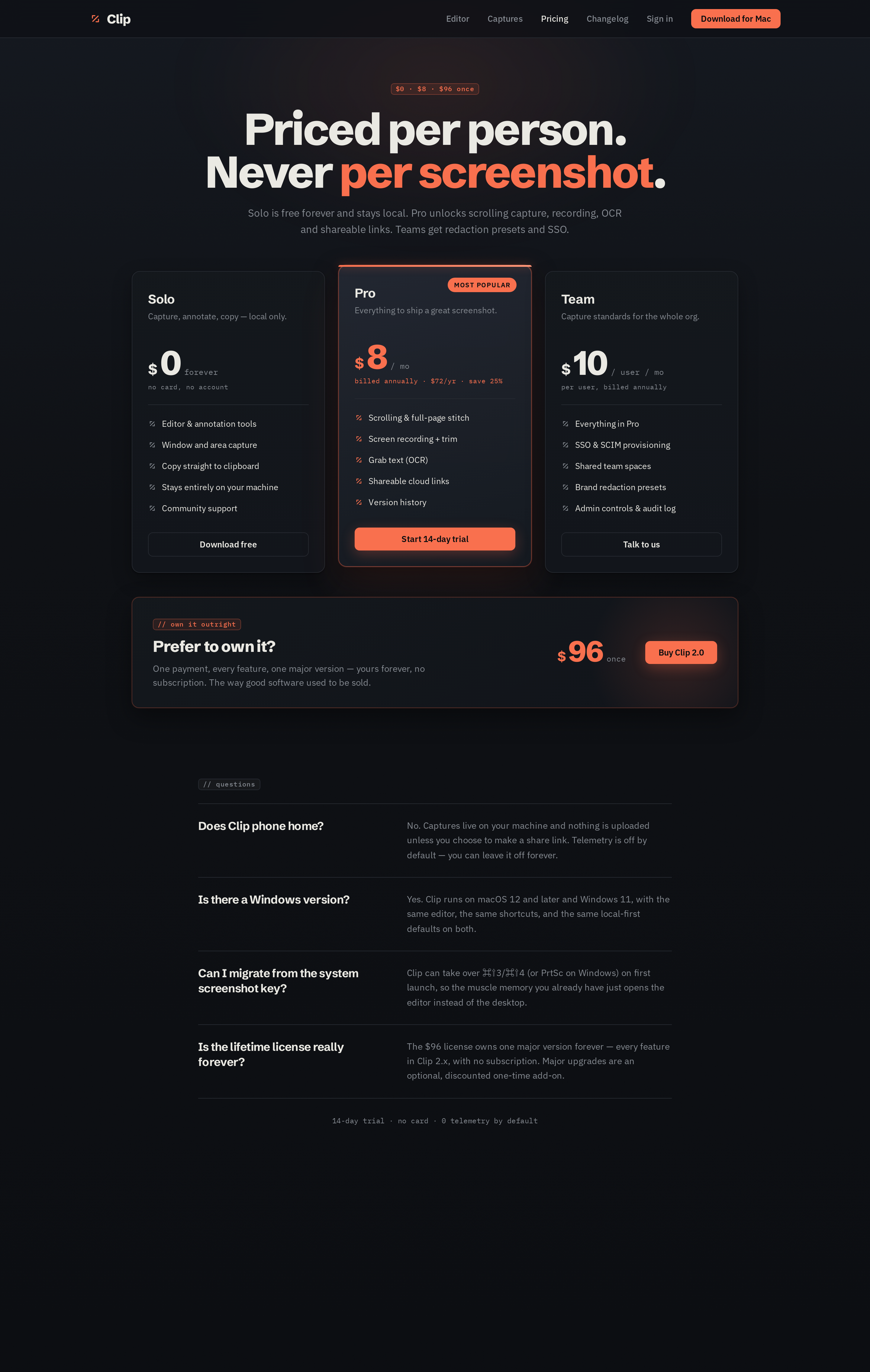 Pricing screen
