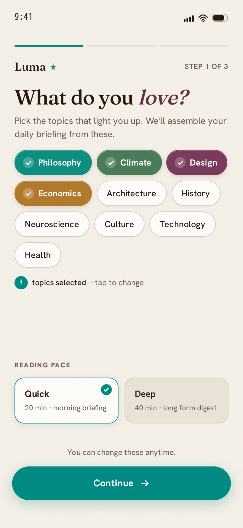 Interests screen
